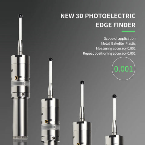 3D Edge Finder With Ceramic Probe, stainless steel tool for CNC milling and lathe centers, precision measurement with 0.001mm accuracy.