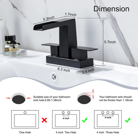4 Inch Centerset Waterfall Bathroom Faucet With Two Handles, 3 Hole Basin Setup, Pop Up Drain With Overflow, dimensions diagram