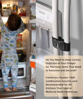 Child reaching into open fridge beside No Drill No Screw No Adhesive Fridge Lock For Kids, adjustable black latch on door.