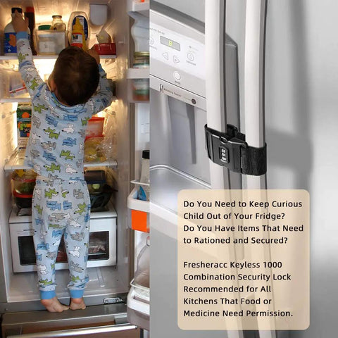 Child reaching into open fridge beside No Drill No Screw No Adhesive Fridge Lock For Kids, adjustable black latch on door.
