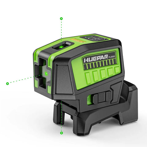 Three Point Self Leveling Laser Level With Plus Mode And 360 Degree Magnetic Base For Quick Plumb Dots Alignment, DIY Friendly And Pro Grade, 98-165 Ft Range, Includes 2 AA Batteries And Hard Carrying Case PL300G, green and black device on magnetic base