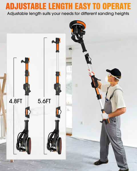 Heavy Duty Rock Solid Electric Drywall Sander With Swish Vacuum Dust Extractor And Variable Speed Dial Plus Killer Led Job Light and Compact Fold Grip for Zero Fuss Smooth Wall and Ceiling Prep, adjustable length features shown.