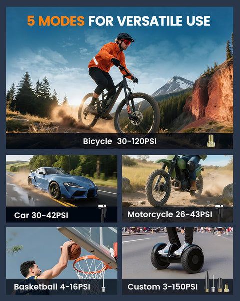 Portable On The Go Tire Inflator Air Pump With Digital Pressure Gauge And Auto Shutoff 3 To 150 PSI Fast Inflation Fits Cars Motorcycles Bicycles And Balls USB Rechargeable Includes Battery And USB Cable in use for bicycle, car, motorcycle, basketball, and custom modes.