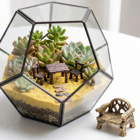 Ten Piece Fairy Garden Furniture Set Resin Miniatures With Hand Painted Tables Chairs And Benches For Village Homes Micro Landscape Decoration DIY Craft Gifts inside a terrarium.