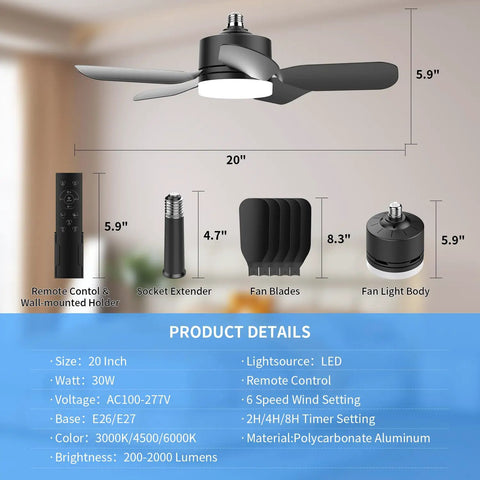 20 Inch Ceiling Fan Light With Remote showing remote and various components, 30W 2000 Lumens LED socket bulb fan setup details.