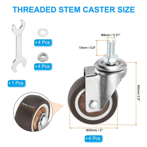 2 Inch Stem Casters 4 Pack Low Profile TPR Swivel Wheels with 360 Degree Rotation Threaded M8 x 15mm Stem Total Load 231 Lbs