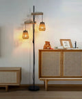 Two Light Rattan Floor Lamp With Independent Control Switch Rustic Farmhouse Tall Standing Lamp 68 Inch next to rattan cabinet in living room