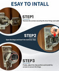 Installation steps for Cabinet Door Restrictor Clips 50 Pack For Face Frame Hinges, showing hinge attachment and clip positioning.