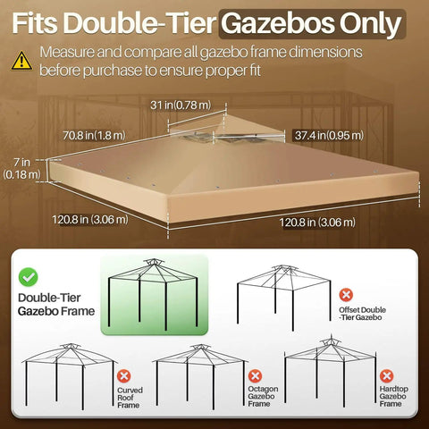 10x10 Ft Gazebo Replacement Canopy Top With UV30 Plus Sun Protection, Dirt And Water Resistant, double-tier frame fit details.