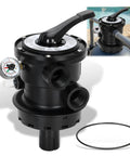 Rock Solid Top Mount Multiport Valve Direct Swap For Swimming Pool Filters with gauge, black plastic, seven modes for easy operation.