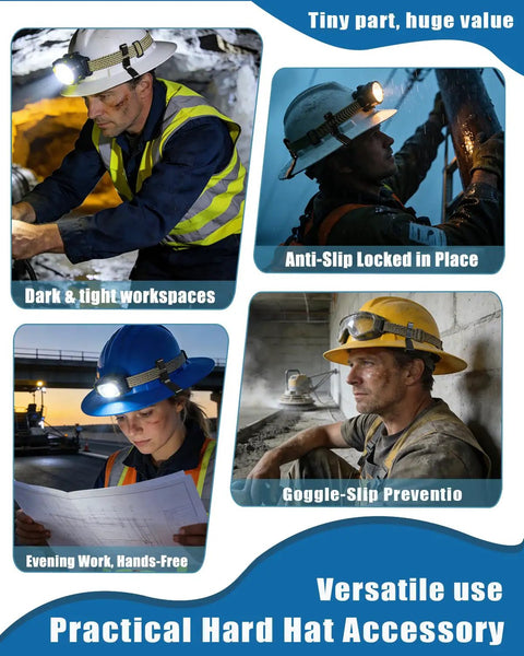 Workers using 8 Pack Hard Hat Headlamp Clips For Full Brim Helmets Tool Free Clip On Light Mounts in various environments