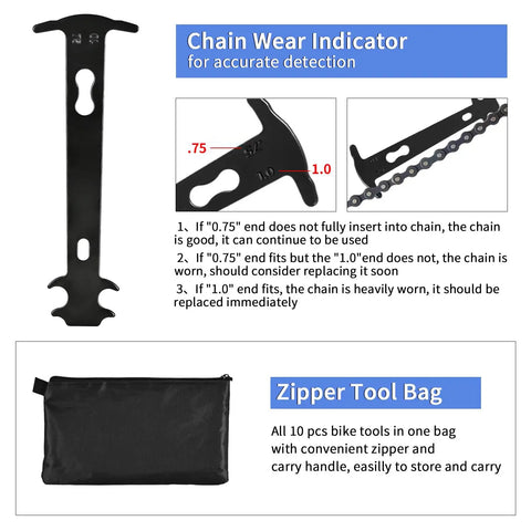 Chain wear indicator and zipper tool bag from 10 Piece Bike Repair Tool Kit for Mountain Biking Pro Grade Cycling Maintenance Set