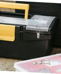 Black toolbox showing Sturdy Stainless Steel Toggle Latch Fasteners Set With Extended Hook Locks 6 Pack Spring Loaded Door Latch Kit For Garage Doors And Hinge Security Now attached to lid.