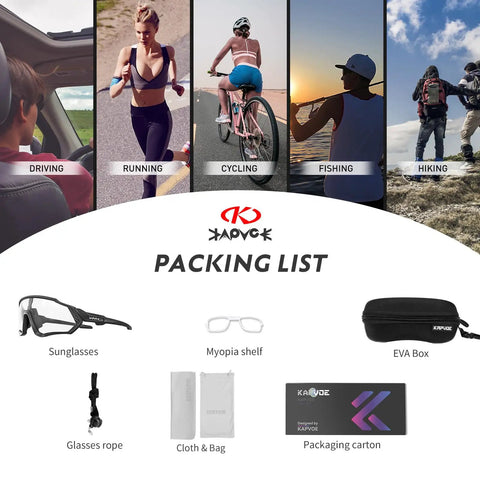 Packing list for Dope Photochromic Cycling Glasses For Men And Women Mountain Bike Sunglasses With Lens That Darkens From Clear To Gray UV Protection Lightweight MTB Riding Eyewear Durable Frame, showing included accessories.