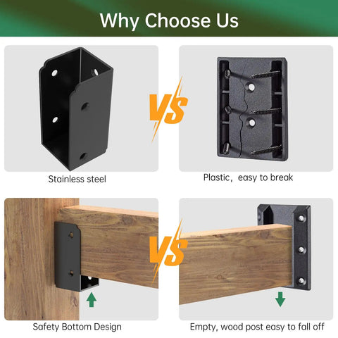 Comparison of heavy duty stainless steel deck railing bracket with plastic bracket, showing secure mounting for safe rail systems.
