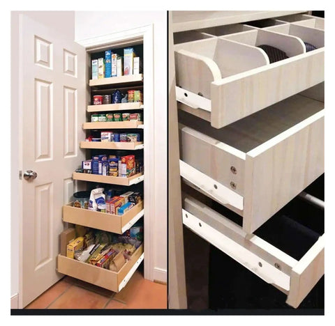 Pantry with 14-inch full extension drawer slides set with quick release latches, tool free installation, smooth quiet operation, heavy duty