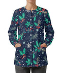 Christmas Holly Womens Snap Front Scrub Jacket In Stretch Fabric Long Sleeve Medical Uniform with holly print pattern.