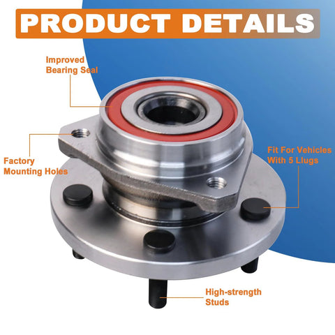Pair Front Wheel Hub Bearing Assembly For Jeep Grand Cherokee 1999 2000 2001 2002 2003 2004 5 Lug Non ABS Durable Bearing Steel OE Style Fit Plug And Play Direct Fit No Modifications Ready To Install, close-up of bearing with 5 lug bolts and improved seal.