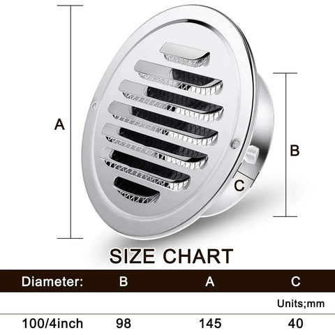 4 Inch Round Dryer Vent Covers Set Durable Stainless Steel Soffit Vents With Mesh Screen 4 Pack size chart.