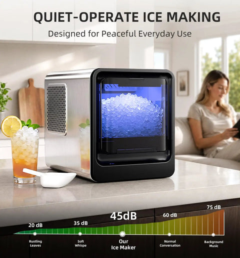 Portable Countertop Nugget Ice Maker Produces Thirty Five Pounds Of Fresh Pebble Ice Daily With Lightning Fast Five Minute Cycles, compact design.