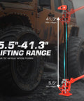 Side view of red DNA Motoring 48-inch farm jack, 3-ton capacity, shows 41.3-inch max height and 5.5-inch min height.