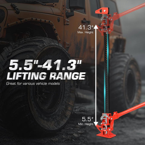 Side view of red DNA Motoring 48-inch farm jack, 3-ton capacity, shows 41.3-inch max height and 5.5-inch min height.