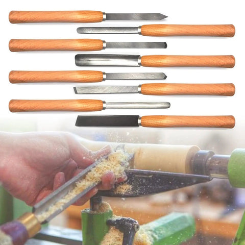 Pro Grade Woodturning Tools Kit With Eight Badass Heavy Duty Lathe Chisels shown in use on a woodworking lathe.