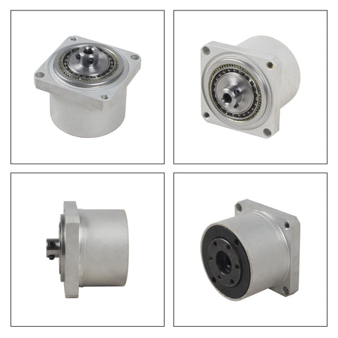 Ultra Compact Harmonic Gearbox Reducer 50 to 1 for Robotic Arms, multiple angles showcasing flange output and precise design.
