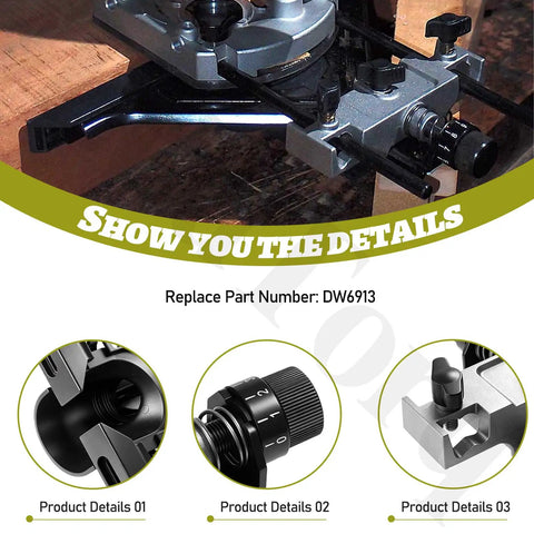 Rock Solid Router Edge Guide Replacement Knockout Precision Control Fits DeWalt Dwp611 And Ryobi Re180Pl1g close-up details on DW6913.