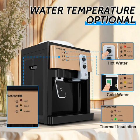 Three Temperature Countertop Water Dispenser with hot, cold, and warm settings, shown in champagne gold and black.