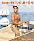 Premium Aluminum Dock Boarding Handrail And Swimming Pool Railing With Rustproof Base Plate For Decks And Boats Giving Tough As Nails Support And Slick Anodized Build For Real Deal Waterfront Safety Measuring Thirty Six Inches Long, shown in use on a boat.