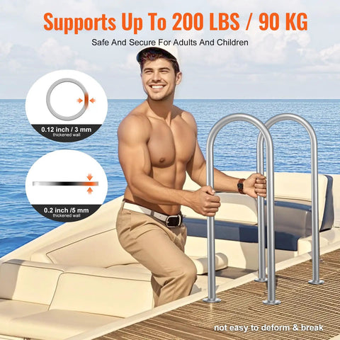 Premium Aluminum Dock Boarding Handrail And Swimming Pool Railing With Rustproof Base Plate For Decks And Boats Giving Tough As Nails Support And Slick Anodized Build For Real Deal Waterfront Safety Measuring Thirty Six Inches Long, shown in use on a boat.