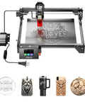 RAY5 10W Laser Engraver Bundle With Air Assist Kit and 3.5 Inch Touch Screen; engravings on metal, wood, and acrylic samples.