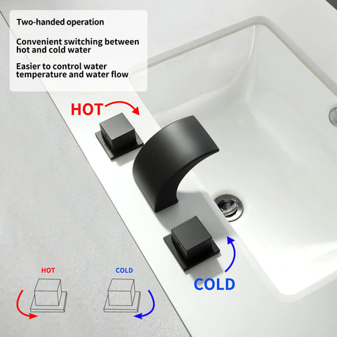 Matte Black Waterfall Bathroom Faucet With LED Temperature Indicator 8 Inch Widespread Three Hole Vanity Sink Faucet With Dual Knobs