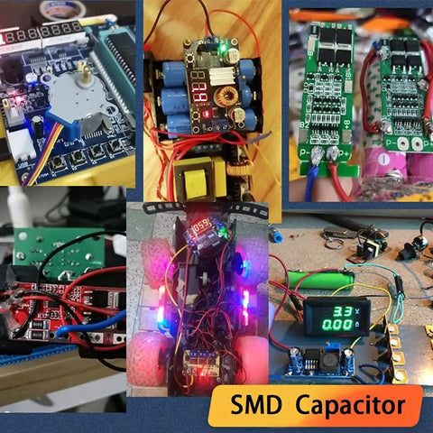 Mini projects using 960 Piece SMD Capacitor Kit 0603 0805 1206 MLCC Assortment with various electronic setups displayed