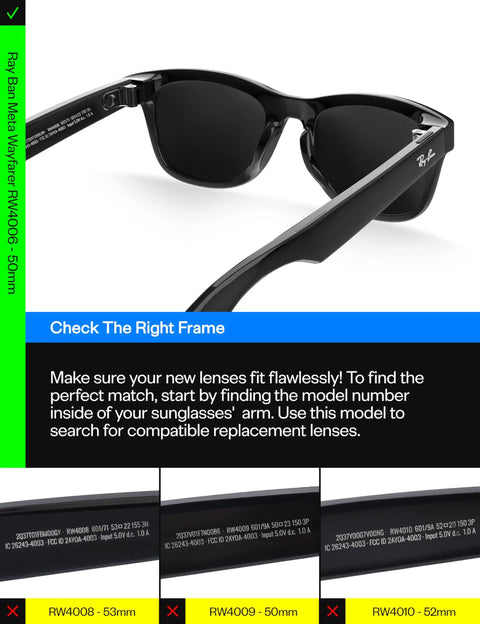 Close-up of Ray-Ban Meta Wayfarer showing arm model number for No-Brainer Replacement Lenses For Ray-Ban Meta Wayfarer Smart Glasses