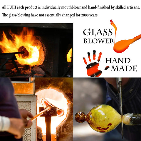 Hand Blowing Glass Process Showing Artisanal Techniques and Glowing Glass in Furnaces