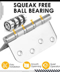 Heavy Duty Premium Stainless Steel Door Hinges Built Tough With Top Tier Ball Bearing Action So You Cannot Even Hear Them Moving While Securing Doors Perfectly With 3 Pack showing a ball bearing hinge and installation features.