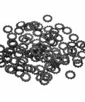 External Tooth Lock Washers M4 Serrated Locking Washers, Carbon Steel Heavy Duty Fasteners Pack Of 100, scattered on white background