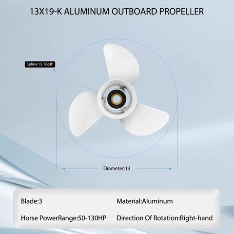 13x19 Aluminum Outboard Propeller For Yamaha Engines 60HP Through 130HP Right Hand 3 Blade 15 Spline White