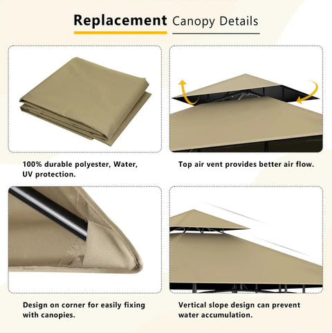 Grill Gazebo Replacement Canopy Top 5 By 8 Foot Double Tier Roof Khaki Durable Polyester Shelter Cover Fit Model L-GG001PST-F