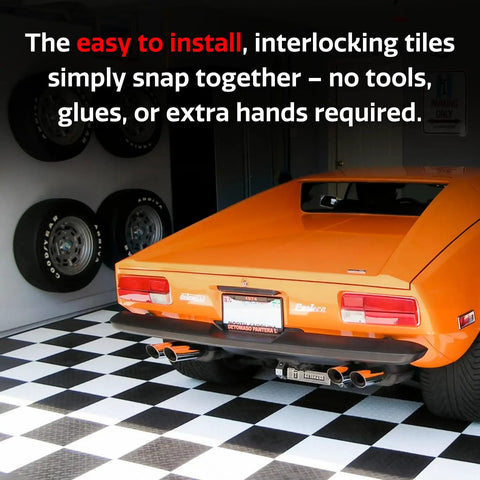 Interlocking Diamond Plate Garage Floor Tiles for a Tough, Easy Clean Garage Makeover, Heavy Duty Copolymer Modular Tiles in Black, 12x12 Inches, 48 Pack Covers 48 Sq Ft, Built to Take Heavy Rolling Loads Over 80,000 Pounds visible in installed garage floor setup with car above.