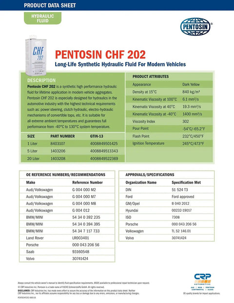 CHF 202 Synthetic Hydraulic Fluid For Auto Hydraulic Systems, 1 Liter, Long-Life High-Performance Formula For Power Steering And Level Control Systems, Ideal For Modern Vehicle Hydraulics, Smooth Operation And Reliable Lubrication