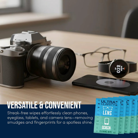 Ultra Clarity lens cleaning wipes 210-pack in blue packets on a desk beside a camera, glasses, and smartphone.