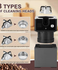 Absolute Knockout Electric Portafilter Cleaner And Automatic Espresso Puck Remover with 3 cleaning head types for 58mm setups.