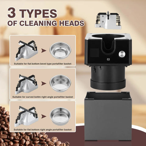 Absolute Knockout Electric Portafilter Cleaner And Automatic Espresso Puck Remover with 3 cleaning head types for 58mm setups.