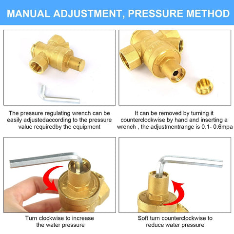 Brass water pressure regulator 1/2 in with gauge, adjustable reducing valve (front view)