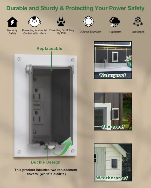 Recessed Outdoor Outlet Box for Wet Locations With Two Weatherproof Covers Vertical 1 Gang Exterior Electrical Box in White Built for Rainy Days No Brainer Weatherproof Seal Rugged Outdoor Power Box shown installed on wall.