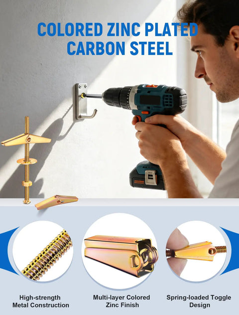 Man installing 20 Sets Heavy Duty Toggle Bolts For Drywall Kit With 3/16 Inch Hollow Wall Anchors And Colored Zinc Coating High Load Toggler