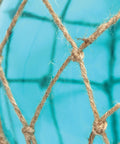 Close-up of Coastal Sea Glass Pendant With Aqua Glass, Netted Buoy Design In Brushed Nickel, Natural Rope Accents